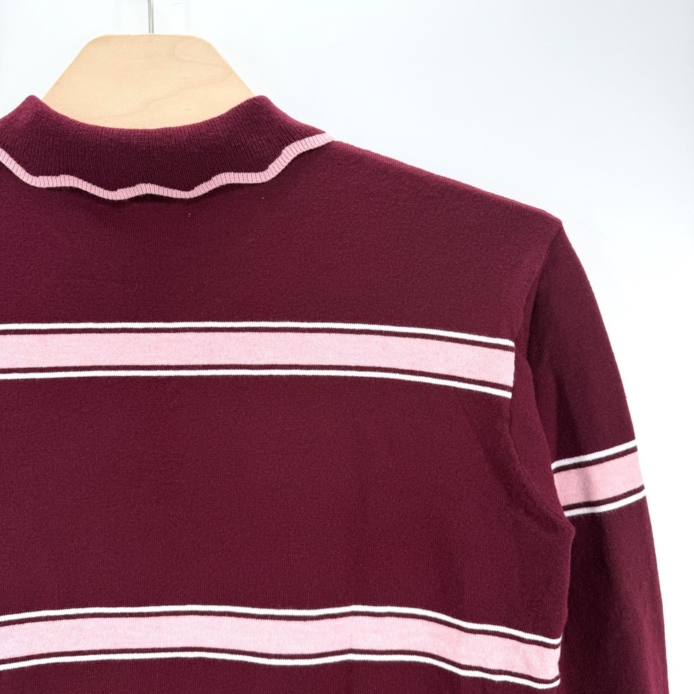 Maeve Anthropologie Knit Polo Women XL Wine Pink Scalloped Stripe Ruffle Sweater - Picture 7 of 12